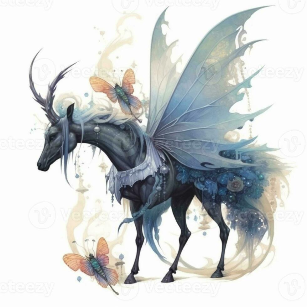 lá é uma Preto cavalo com uma azul rabo e asas. generativo ai. foto