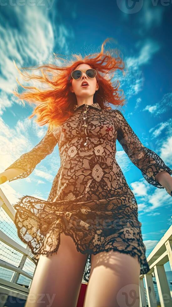 uma mulher com vermelho cabelo e oculos de sol é posando para cenário ai generativo foto