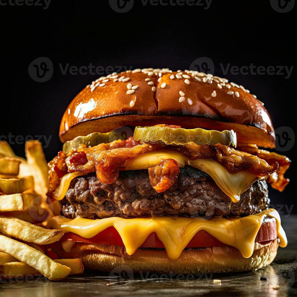 uma Hamburguer de queijo com fritas ai generativo foto