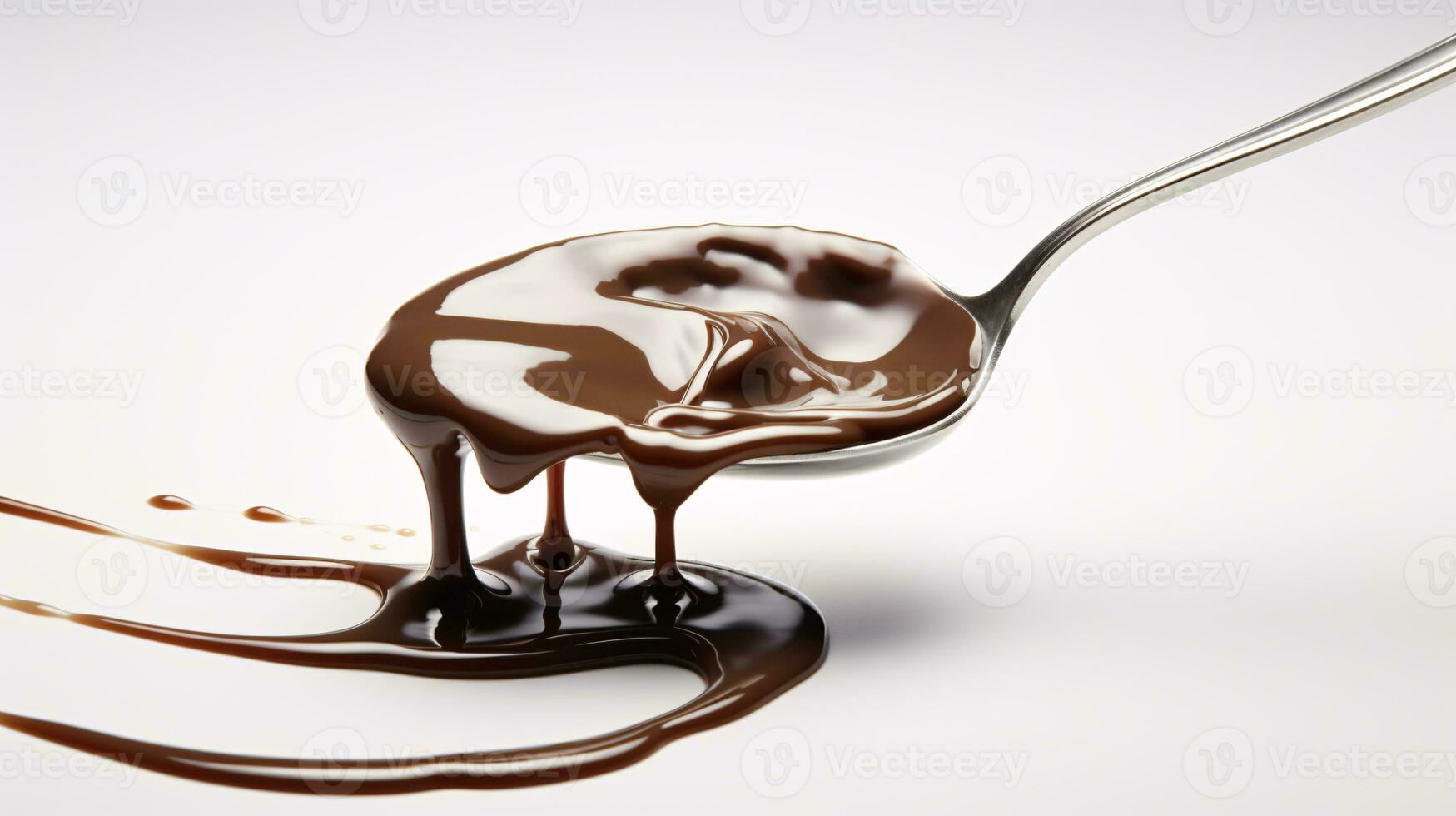 gostoso chocolate molho gotejamento a partir de prata colher contra rígido branco fundo ai generativo foto
