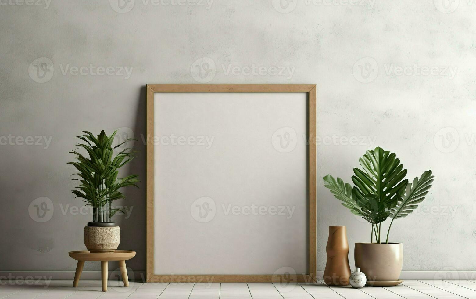 esvaziar quadro, Armação com cópia de espaço em bege tom parede com flores dentro vaso, em branco vertical quadro, minimalista Projeto cena, moderno interior brincar, ai generativo foto