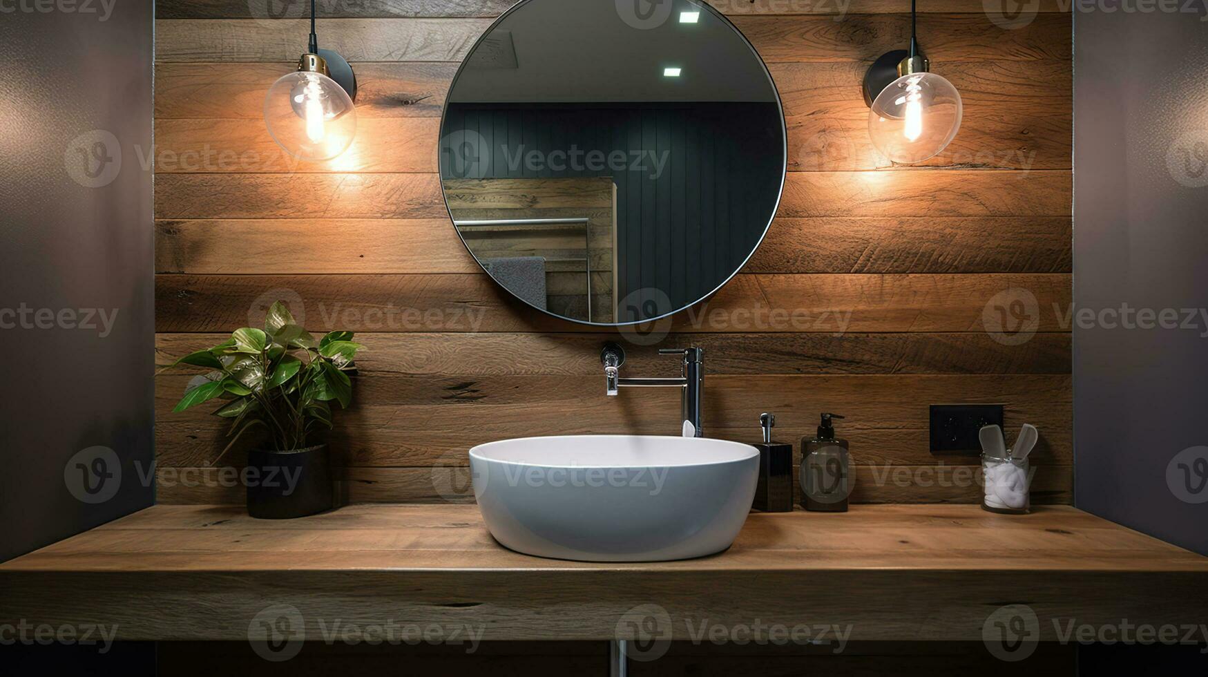 elegante Projeto banheiro com de madeira paredes, branco bacia e volta espelho. generativo ai foto