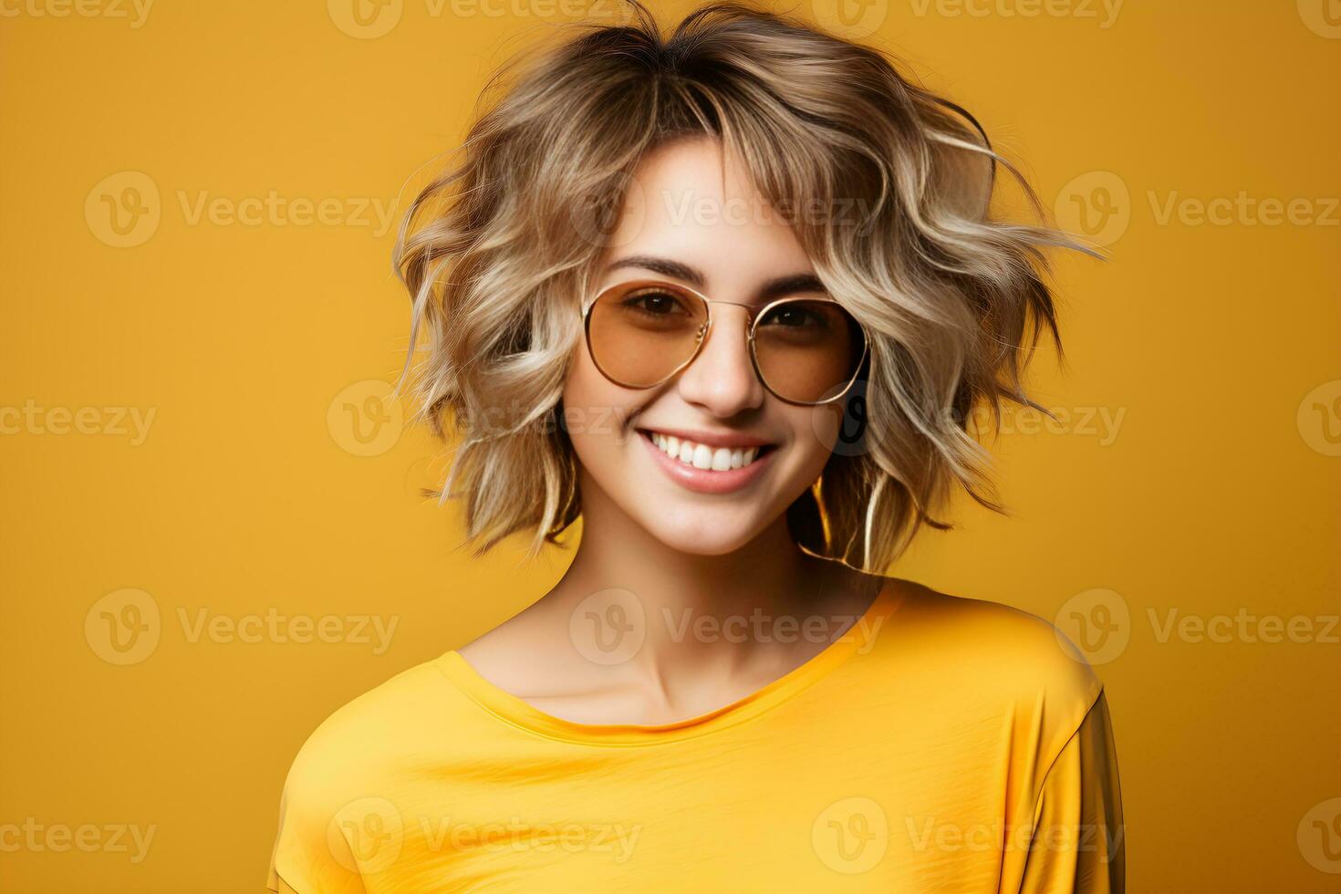 retrato do uma elegante feliz adolescente mulher olhando às a Câmera sobre amarelo cor fundo., cópia de espaço. generativo ai. foto