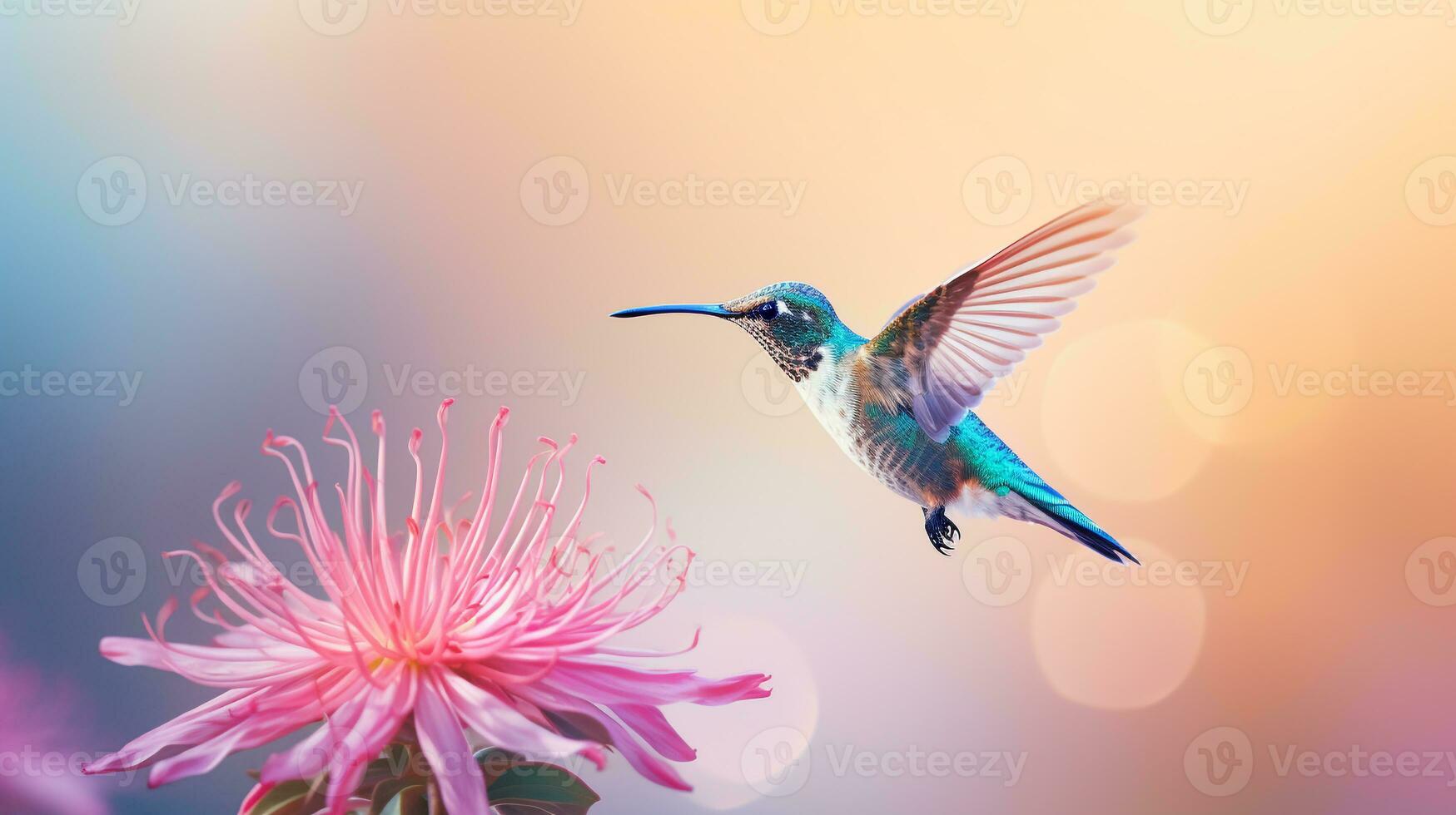 minimalista capturar do uma beija Flor no meio do vôo bebericando néctar a partir de a exótico flor ai generativo foto