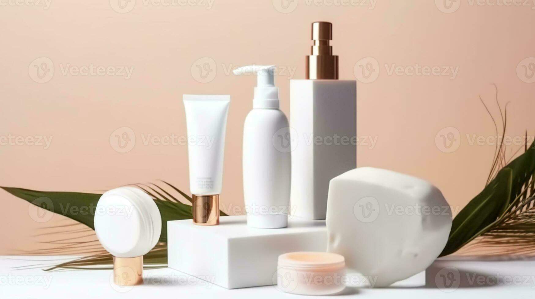 isolado em branco branco cuidados com a pele produtos definir, não rótulo ou logotipo, cercado de natural Unid, marketing conceito. generativo ai foto