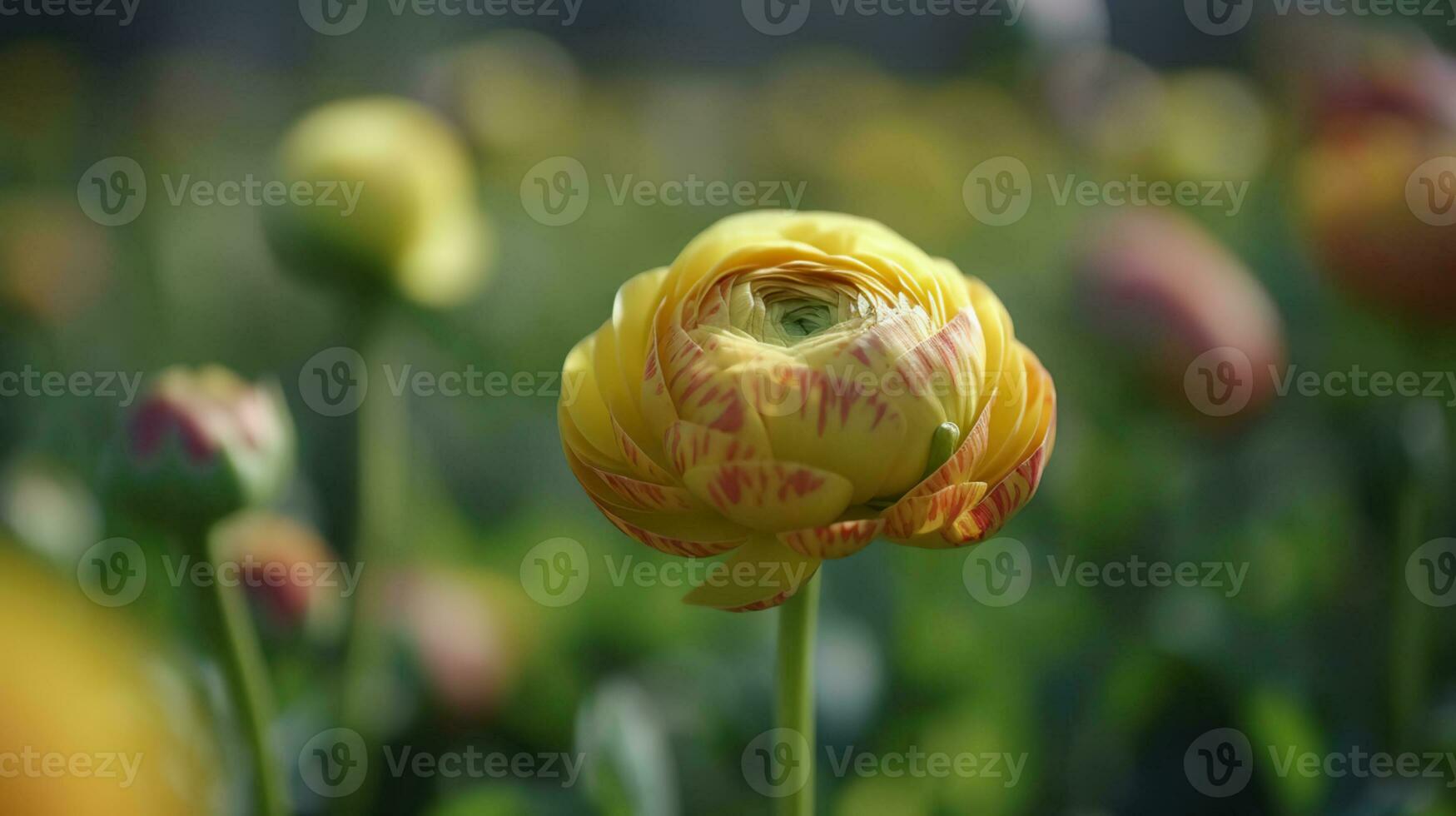 fechar acima tiro do uma lindo florescendo ranúnculo broto dentro a campo. persa botão de ouro flor Fazenda às primavera florescendo temporada. ai generativo foto