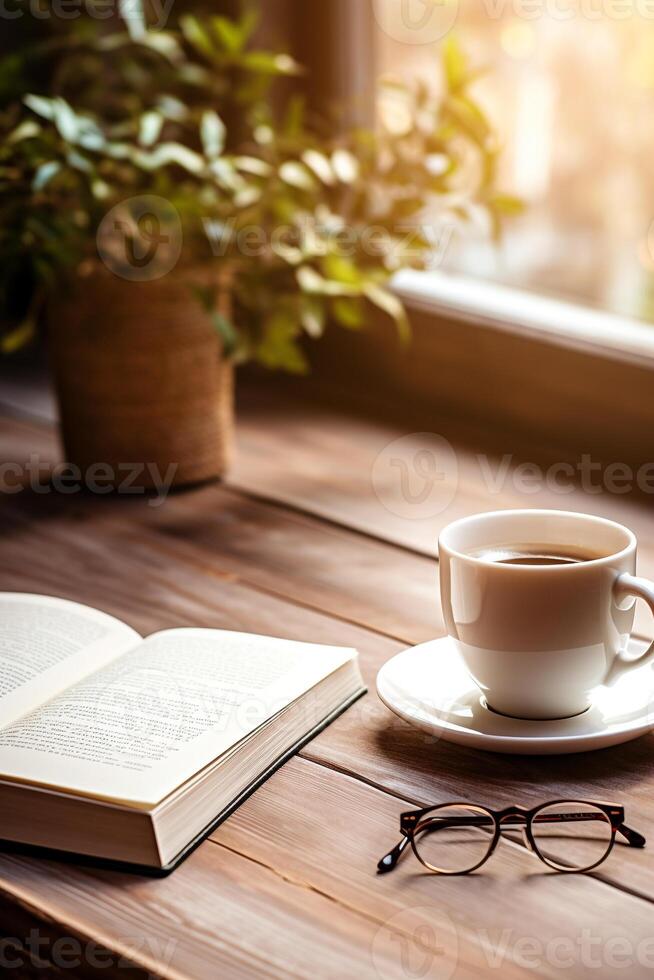 acolhedor manhã ainda vida apresentando uma branco café caneca, copos, e a aberto livro em uma rústico de madeira mesa ai generativo foto