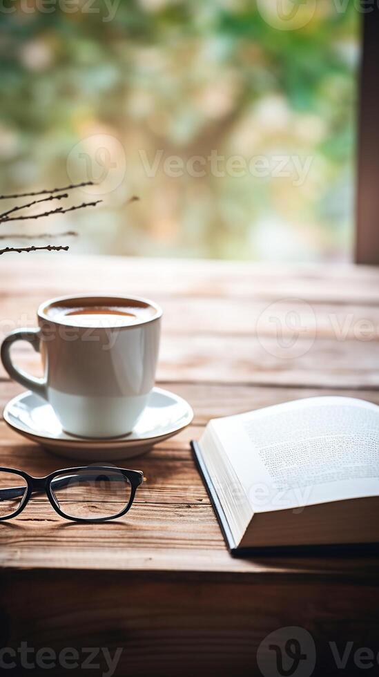 acolhedor manhã ainda vida apresentando uma branco café caneca, copos, e a aberto livro em uma rústico de madeira mesa ai generativo foto