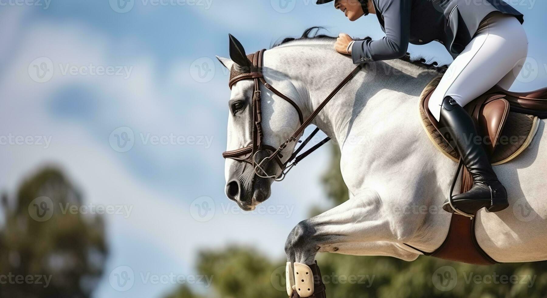 cavalo e cavaleiro subindo através a alturas do equestre pulando. generativo ai foto