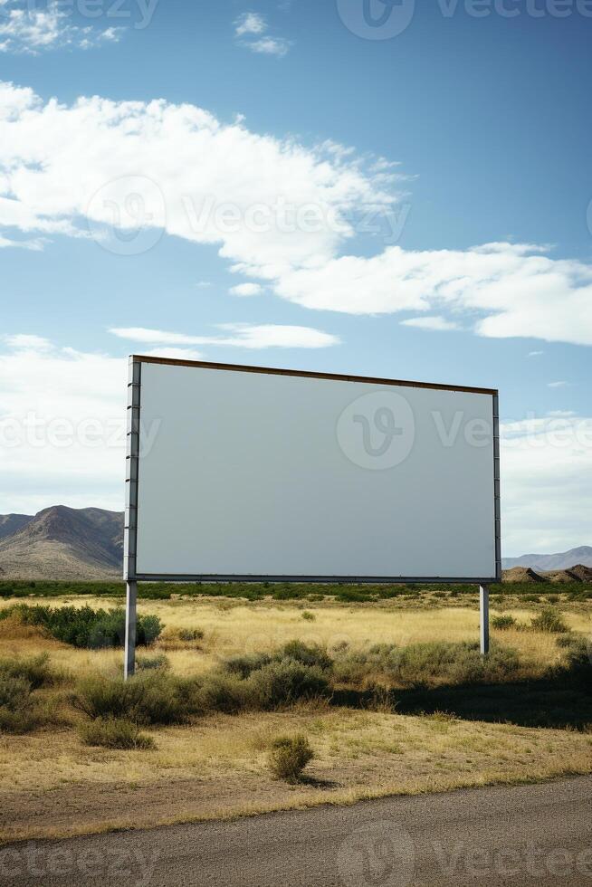 rural tranquilidade apresentando uma em branco Painel publicitário quadro, Armação contra rolando colinas, inexplorado publicidade potencial ai generativo foto