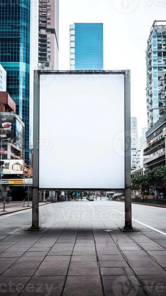 em branco Painel publicitário quadro, Armação aninhado no meio uma movimentado urbano paisagem, aberto tela de pintura para criatividade ai generativo foto