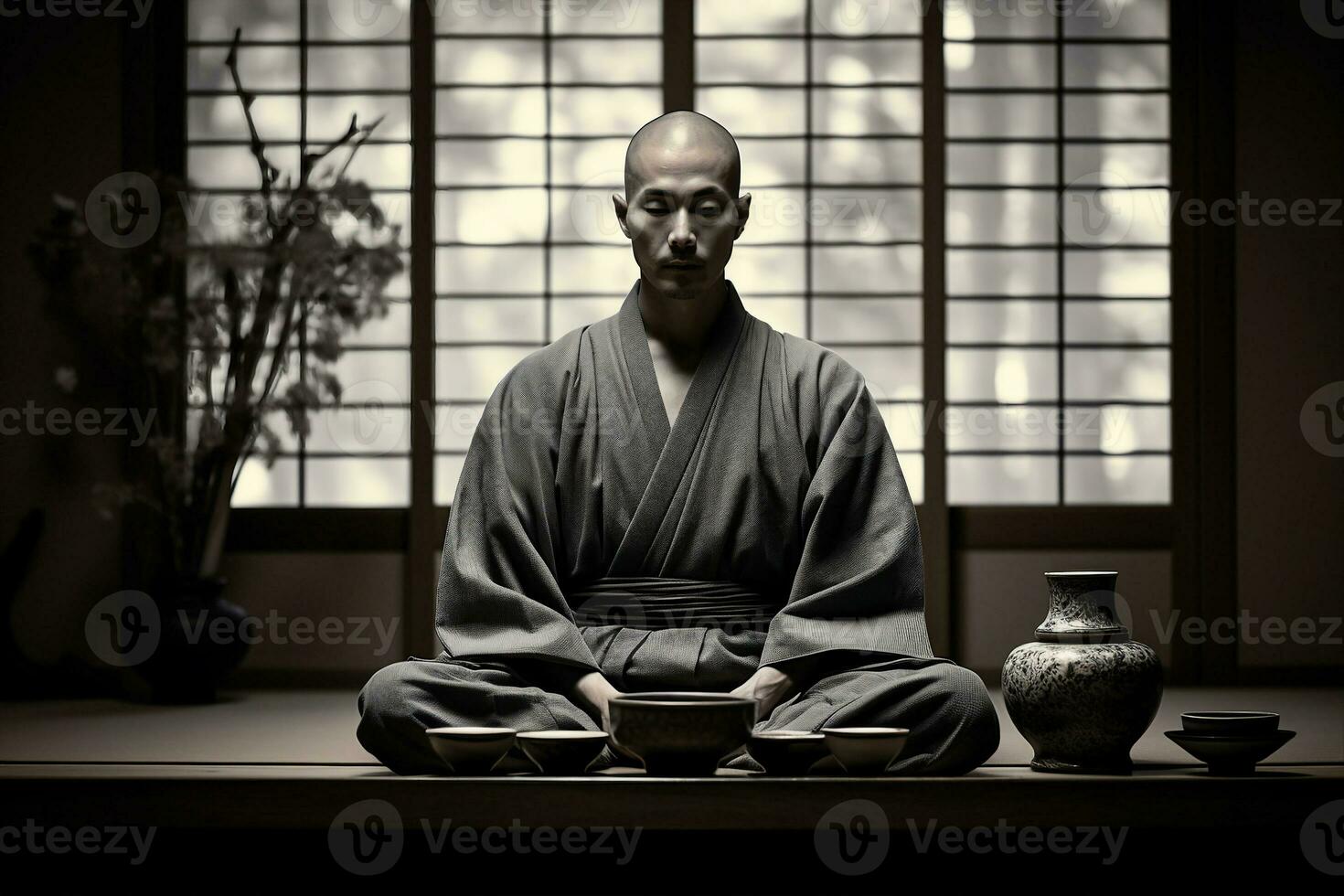 frente Visão do uma zen monge com raspada cabeça e vestes sentado dentro zazen meditação atrás uma espalhar do utensílios de chá - cerâmico tigela, bambu bata, linho pano, antes a cedo manhã chá cerimônia. ai gerado. foto