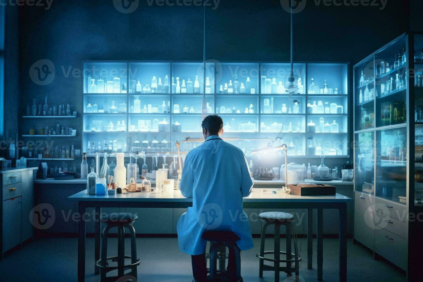 cientista ou médico analisando médico exame e trabalhando dentro moderno laboratório. médico com futurista tecnologia conceito. generativo ai. foto