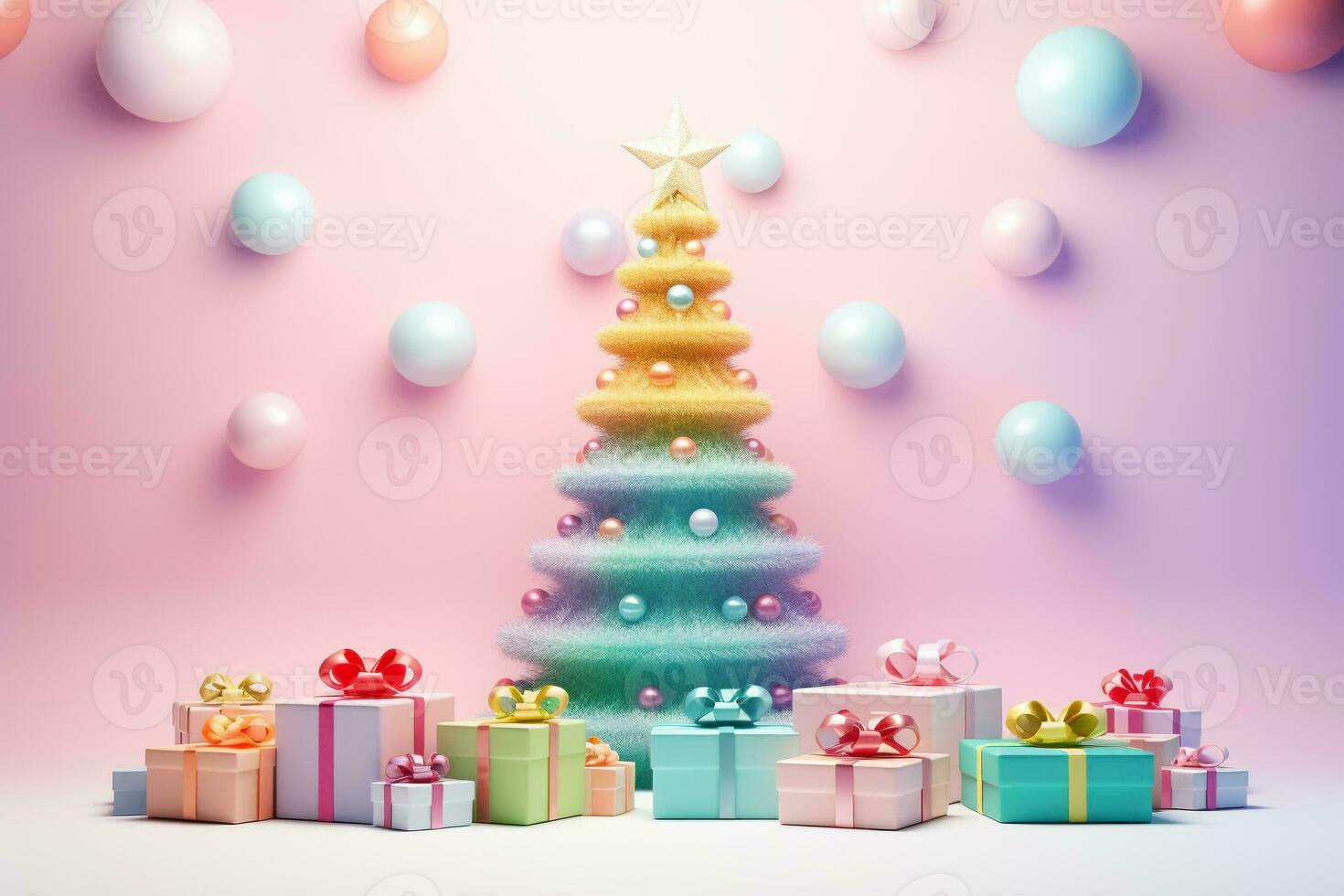 Natal árvore decorar com presente caixas 3d gradiente pastel fundo. feriado digital ilustração para Projeto cartão, poster ou bandeira dentro Natal ou Novo ano festival. generativo ai. foto