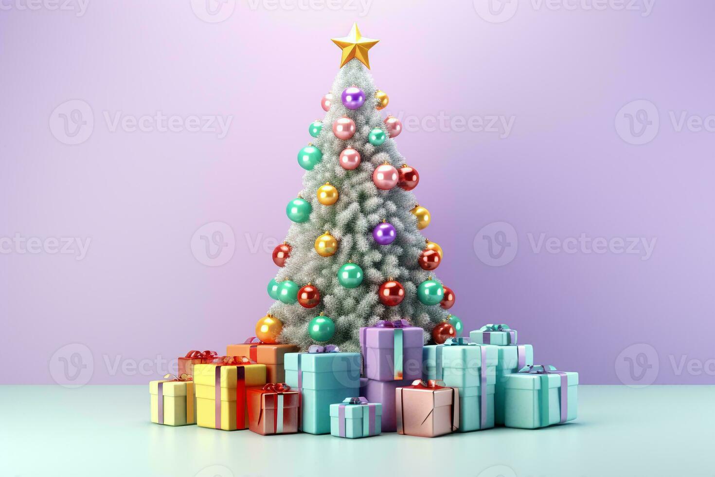 Natal árvore decorar com presente caixas 3d gradiente pastel fundo. feriado digital ilustração para Projeto cartão, poster ou bandeira dentro Natal ou Novo ano festival. generativo ai. foto