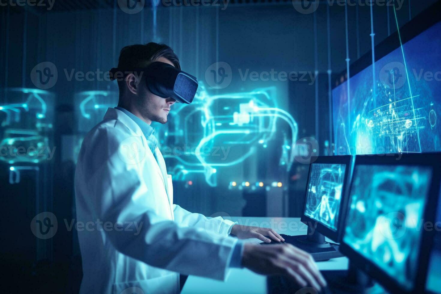 médico ou cientista vestindo vr óculos dentro futurista virtual interface sala. médico tecnologia conceito. inovação e Ciência para futuro. generativo ai. foto