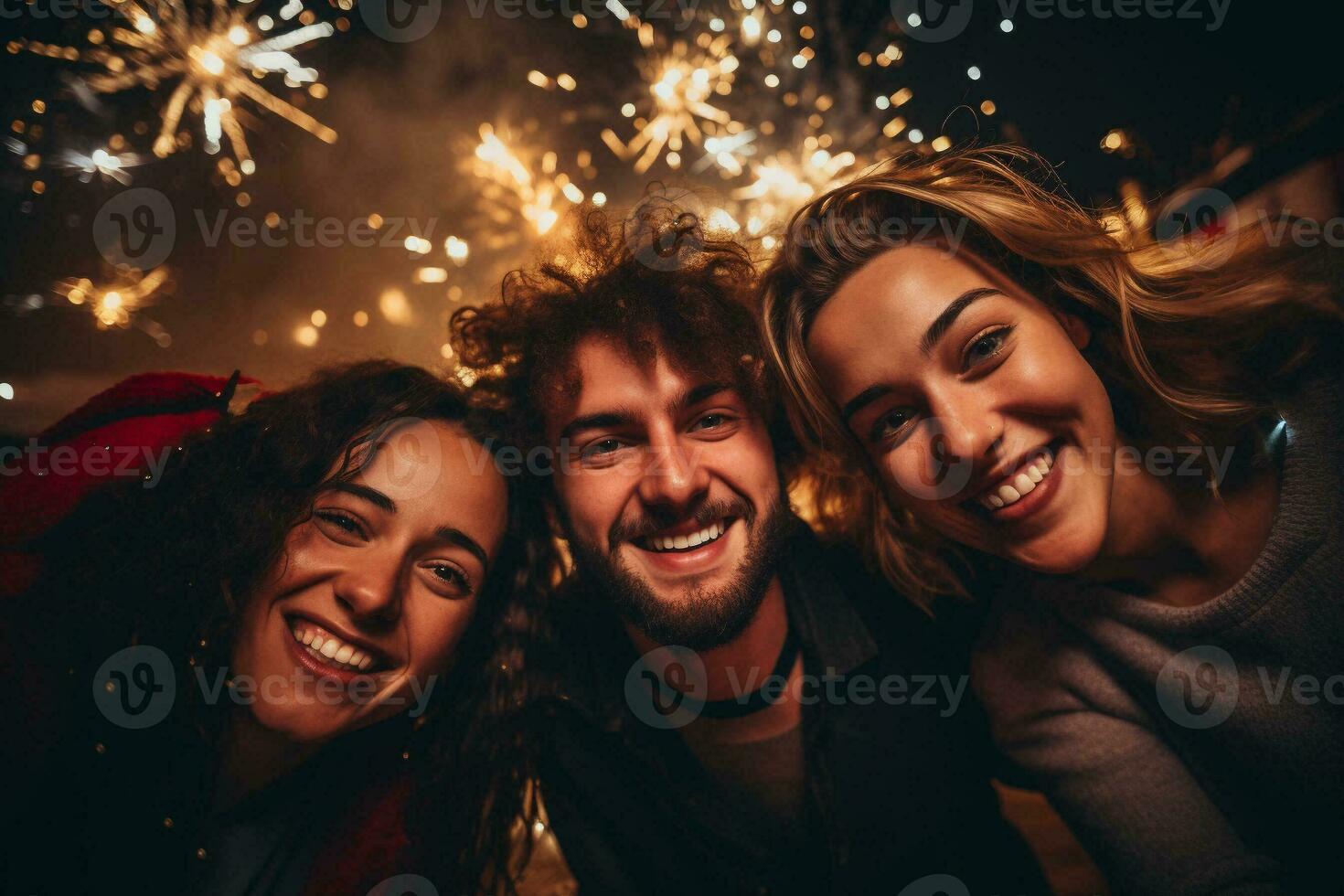 grupo do feliz jovem pessoas a comemorar às Novo ano Festa. adolescente amizades tendo Diversão às a noite festa junto. generativo ai. foto