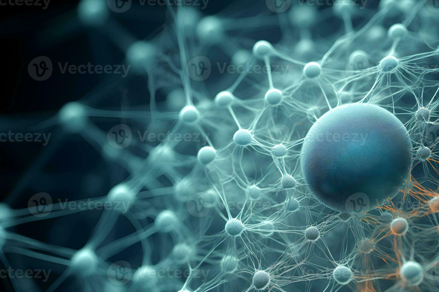 microscópico do neurônio cérebro célula rede. interligado nervo células com elétrico pulsos. brilhando sinapse. cuidados de saúde conceito. generativo ai. foto