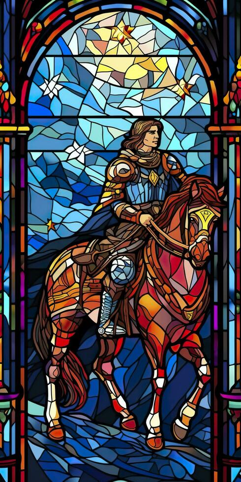 uma cavaleiro dentro brilhando armaduras. a ilustração do uma mítico antigo paladino dentro manchado vidro renascimento fresco estilo. ai generativo foto