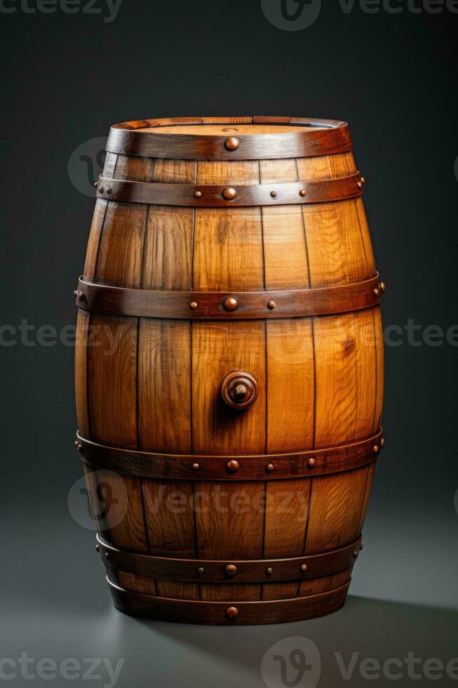 uma de madeira vinho barril durante a envelhecimento processo isolado em uma gradiente fundo foto