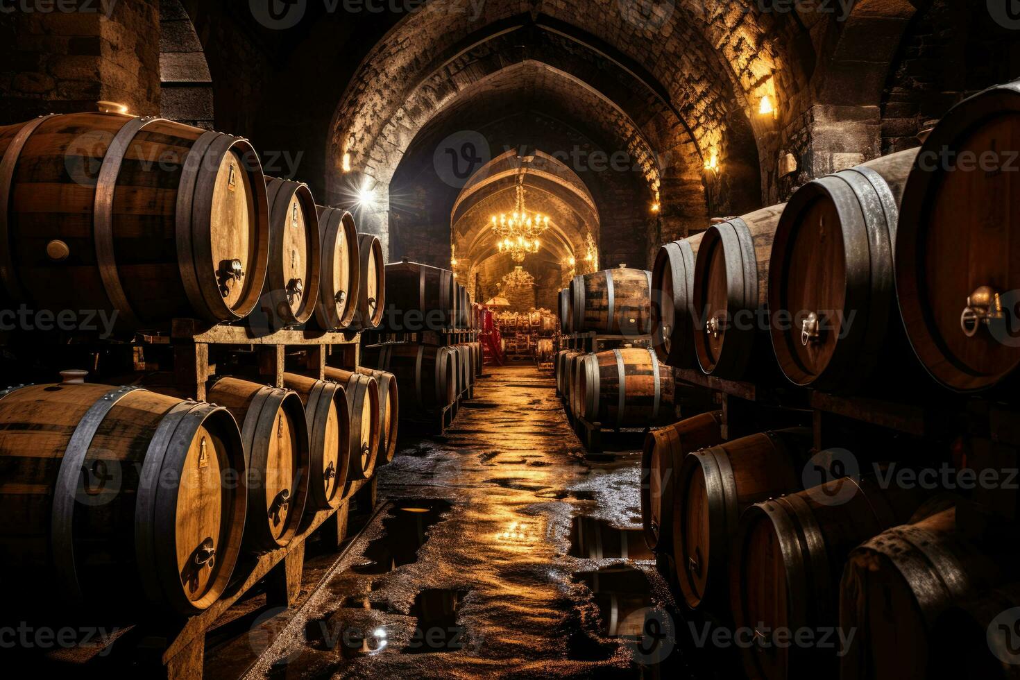 carvalho barris habitação envelhecimento vinho dentro legal vagamente aceso porão do uma tradicional adega foto