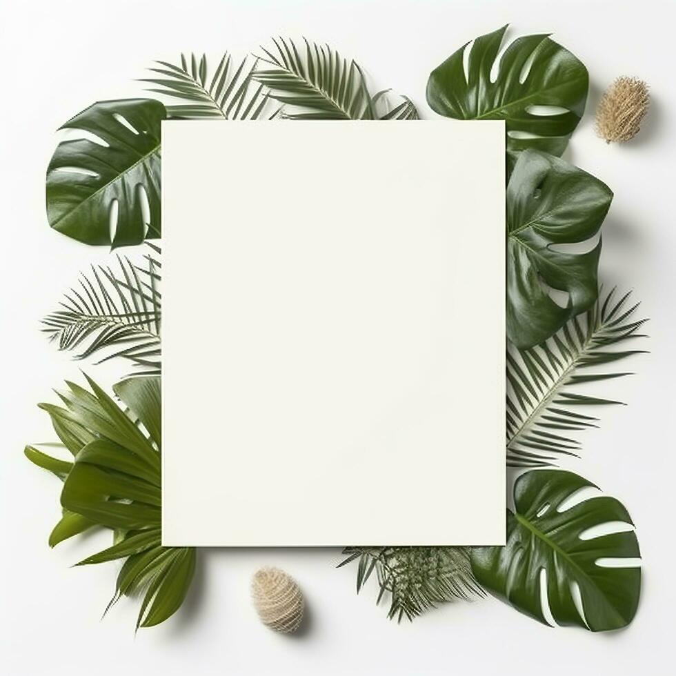 quadro, Armação com folhas. verão tropical folhas e em branco quadro, Armação com cópia de espaço em branco fundo. generativo ai foto