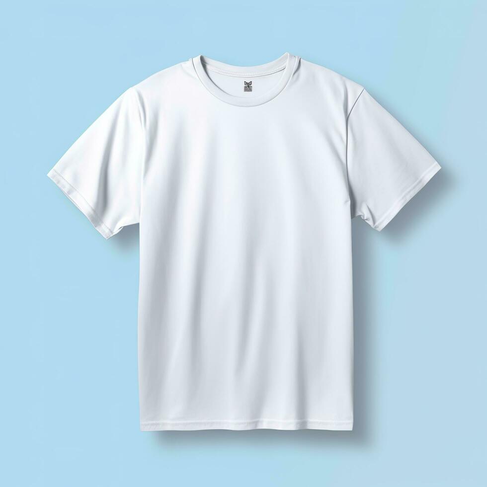 simples branco camiseta em suave azul fundo. ai generativo foto
