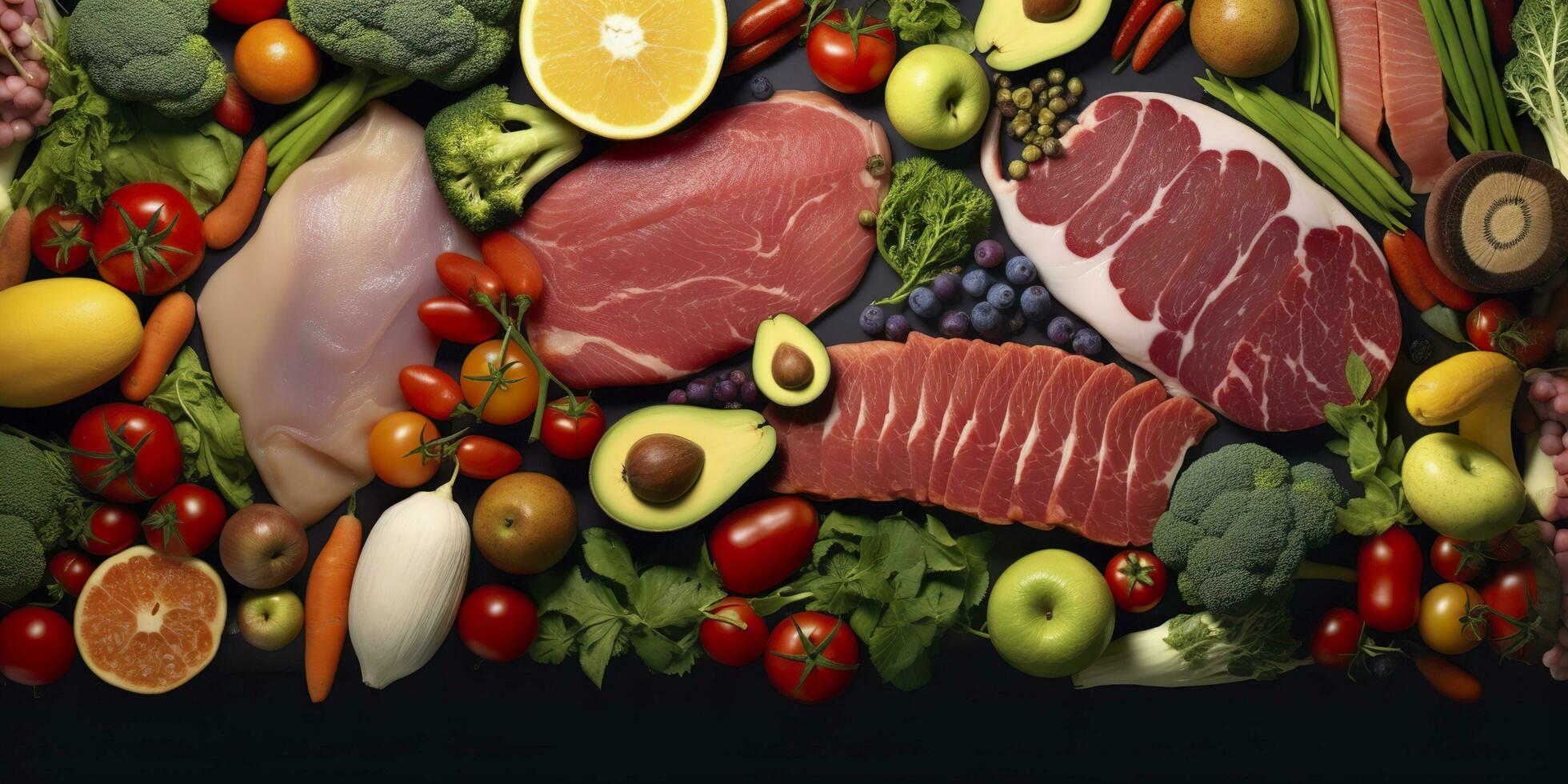 diferente tipos do carnes, vegetais, e frutas deitar dentro supermercados. generativo ai foto
