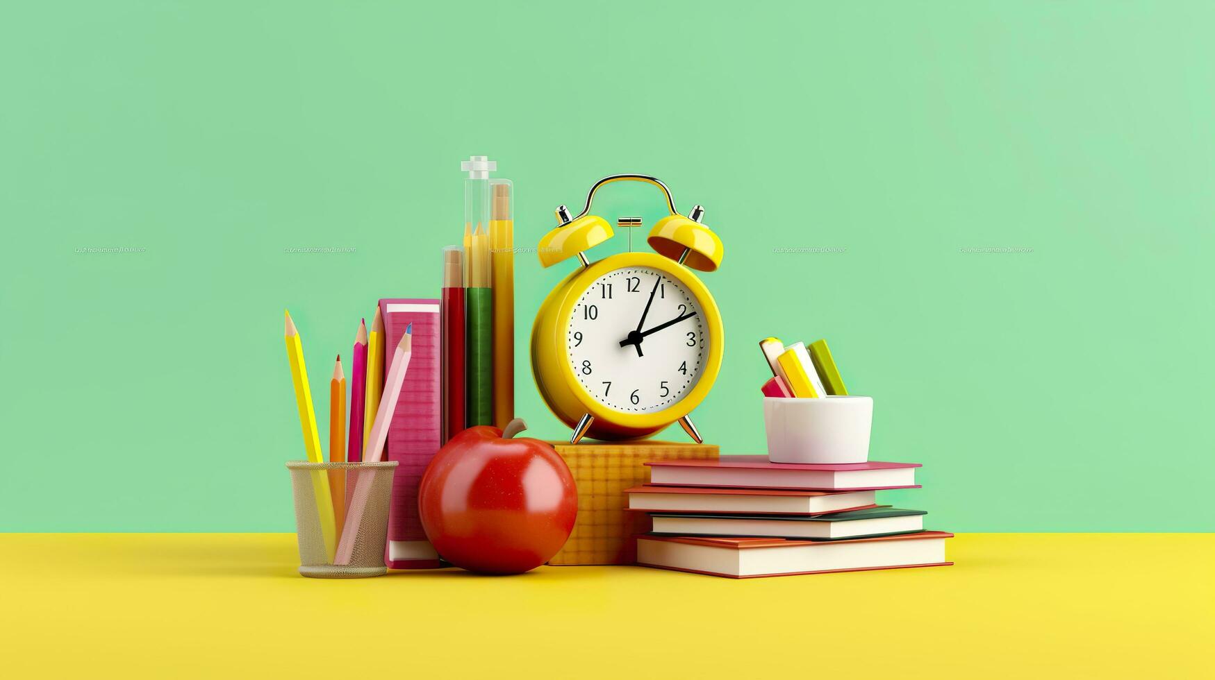 pop arte ilustração do escola acessórios com maçãs, livros, e a alarme relógio em a escola fundo. costas para escola conceito. 3d Renderização, ai generativo foto