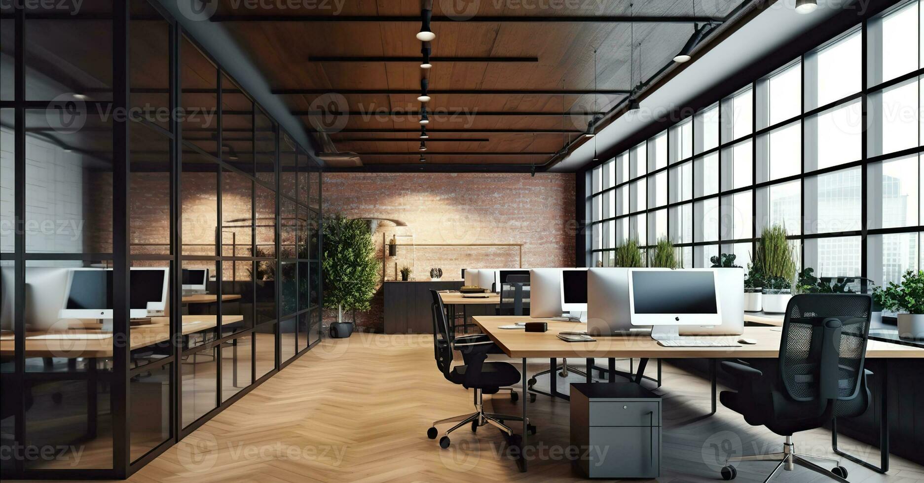 moderno escritório interior Projeto. loft conceito 3d Renderização. generativo ai foto