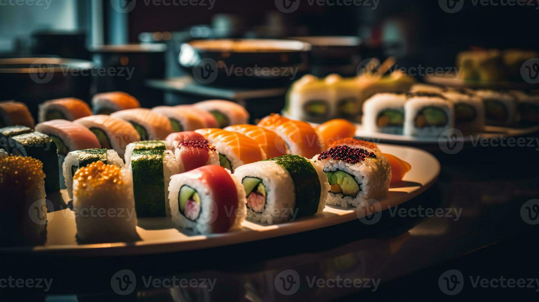 delicioso chinês Sushi dentro uma Sushi restaurante, retrato fotografia. generativo ai foto