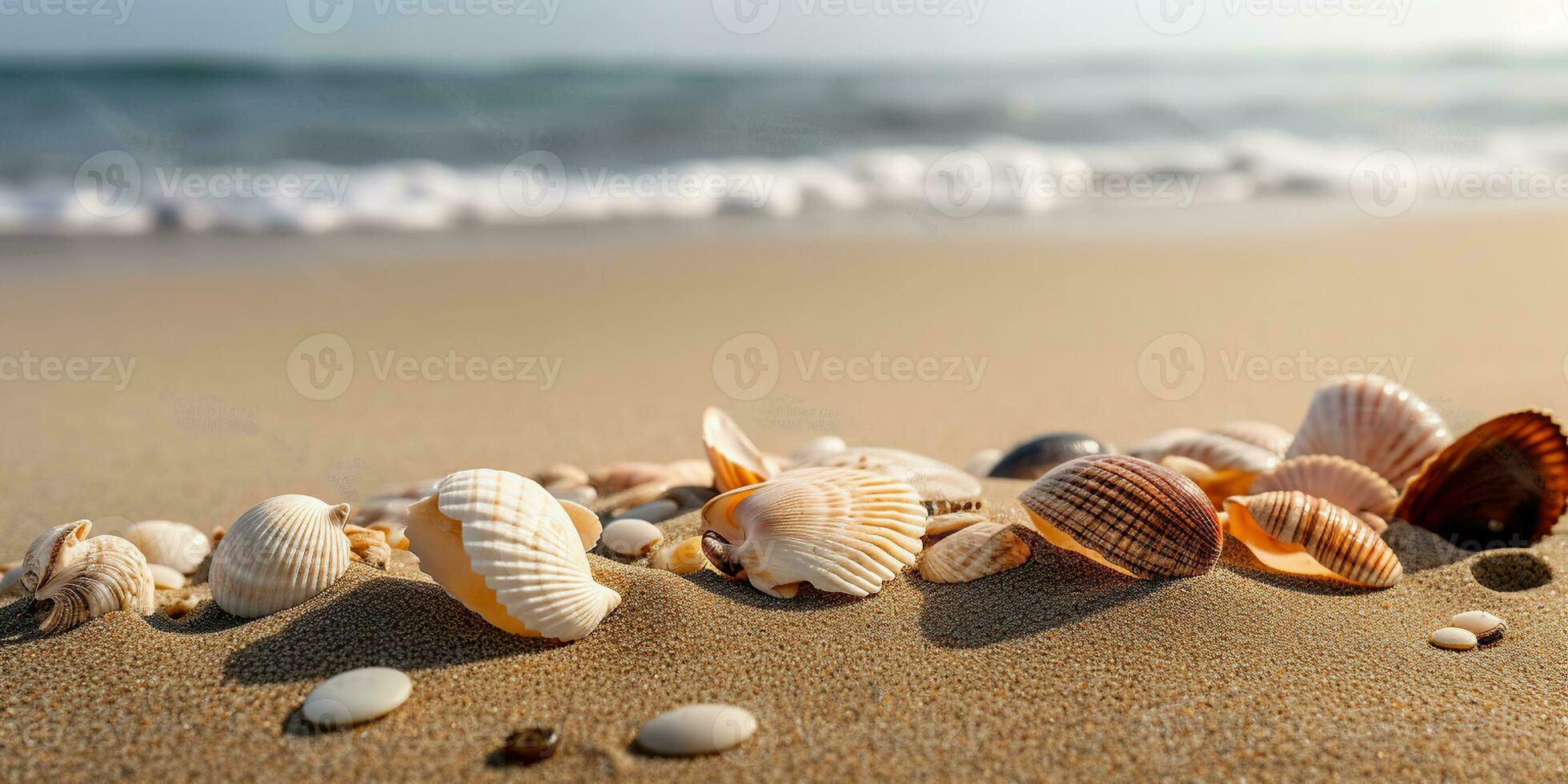 conchas do mar em a areia do a lindo mar litoral. generativo ai foto