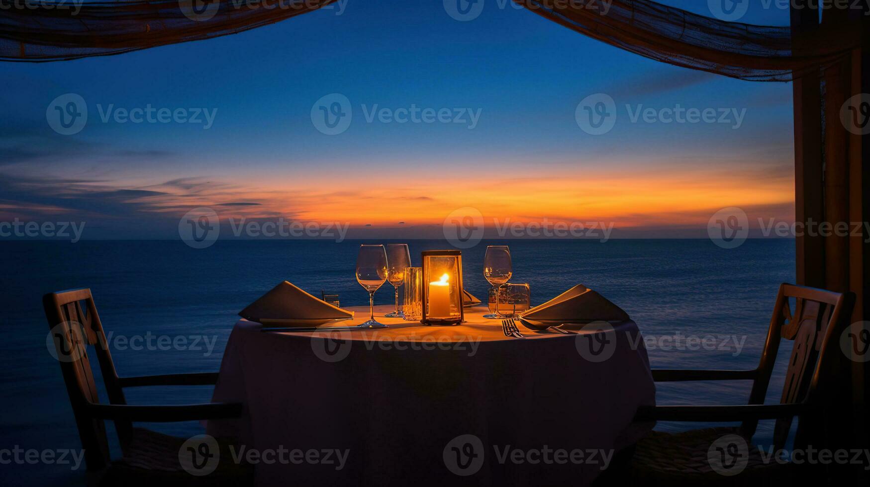 uma romântico oceano Visão jantar, ai generativo foto