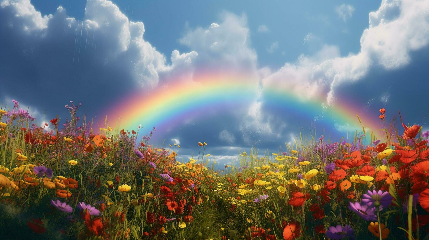 azul céu nuvens arco Iris brilhante flores brilhante luz solar ai gerado imagem foto