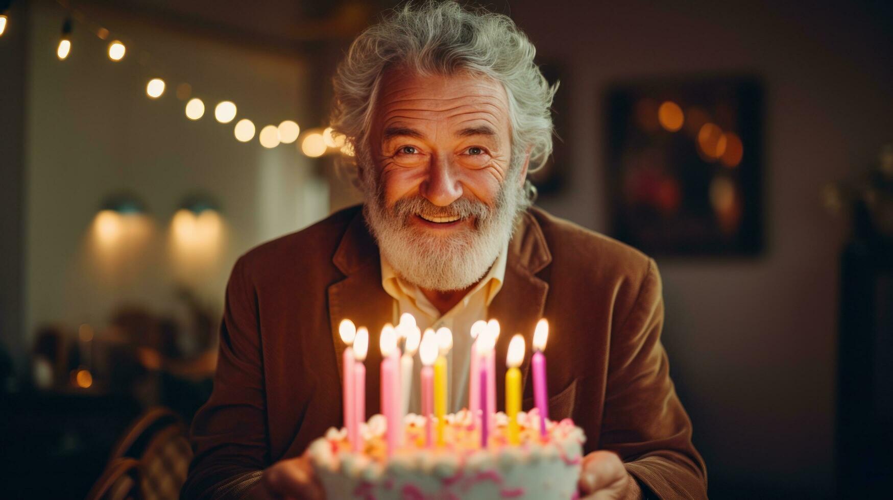 velho homem com aniversário bolo foto