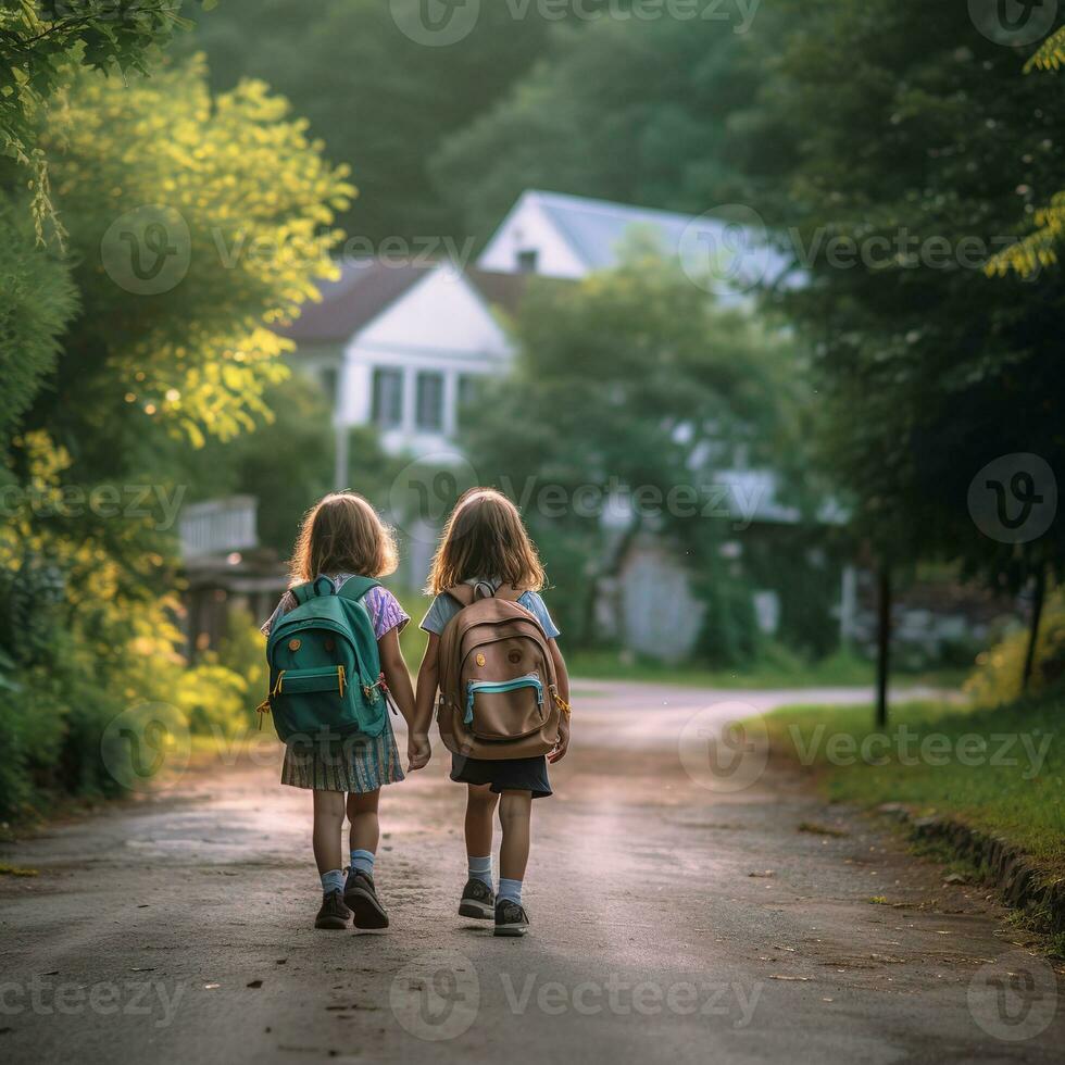 dois jovem menina com mochila caminhando baixa uma caminho segurando mãos ai generativo foto