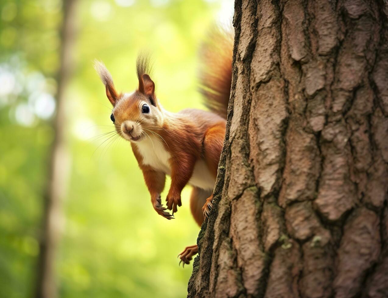 lindo esquilo em uma árvore dentro uma floresta parque dentro a verão. generativo ai foto