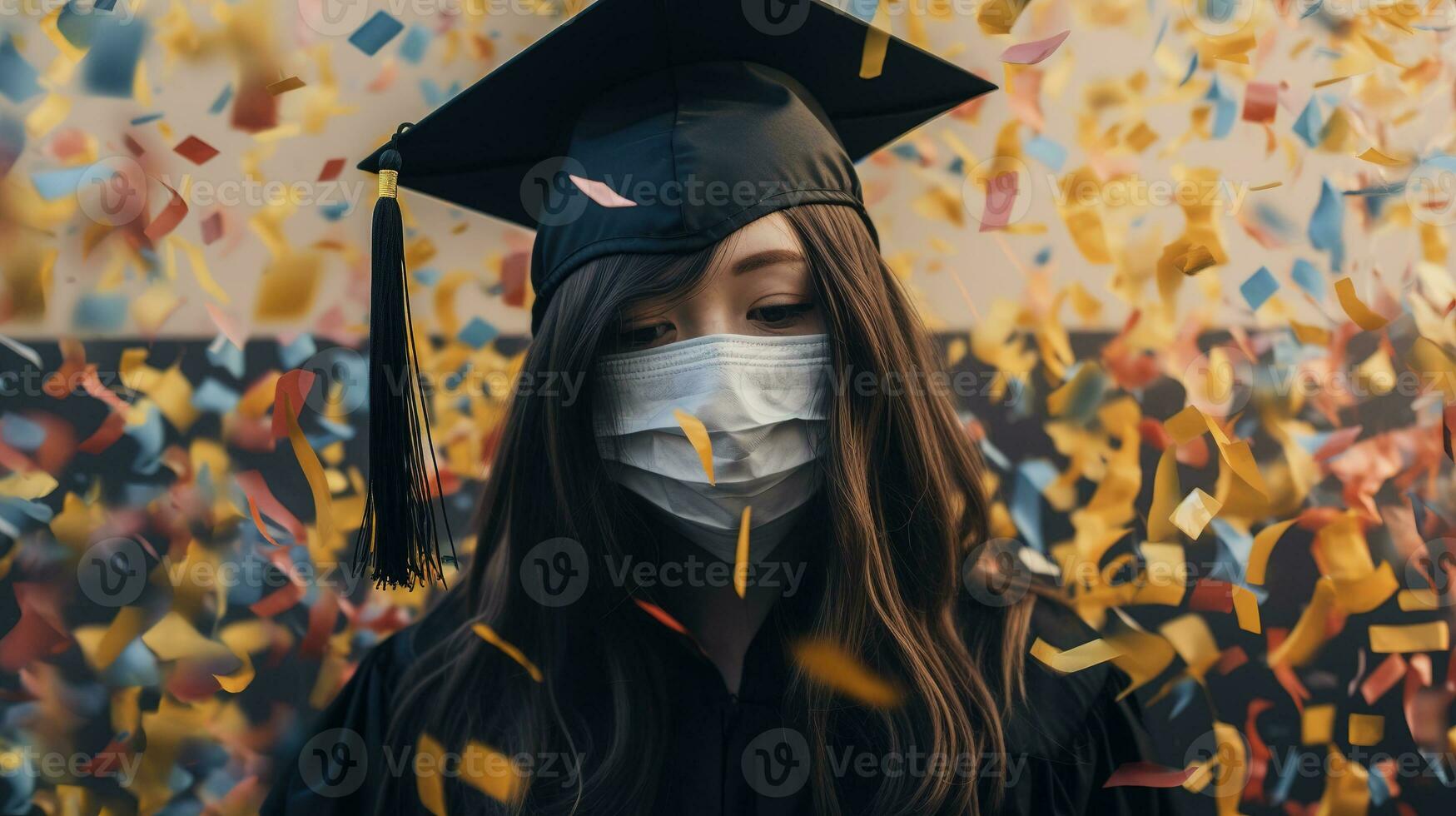 uma mulher com face mascarar vestindo uma graduação boné e vestido com confete ai generativo foto
