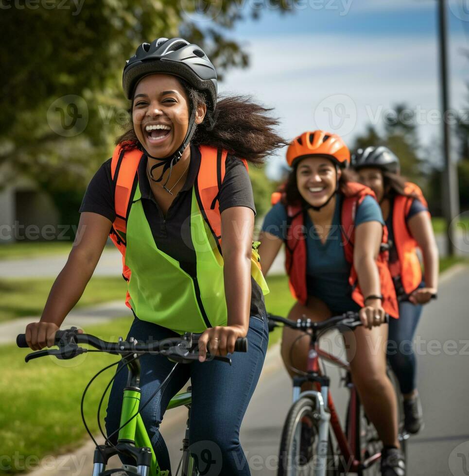 uma grupo do amigos estão equitação seus bicicletas baixa uma rua em seus caminho para uma reciclando Centro, natureza estoque foto