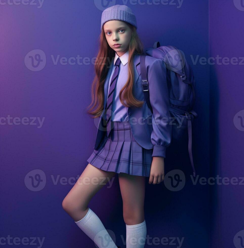 uma jovem menina vestindo escola uniforme e carregando uma mochila, mundo alunos dia imagens foto