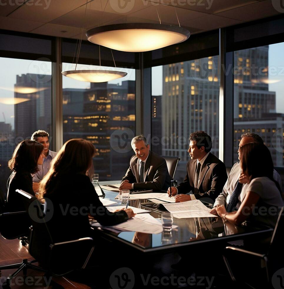 uma equipe do investimento banqueiros estão sentado por aí uma conferência mesa, o negócio e marketing estoque fotos