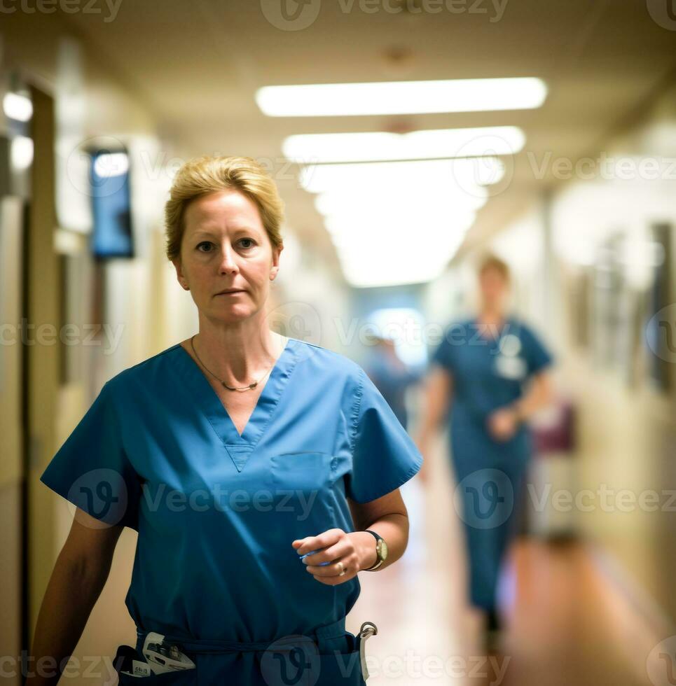 a enfermeira é caminhando baixa uma grandes brilhantemente aceso corredor, médico estoque imagens foto