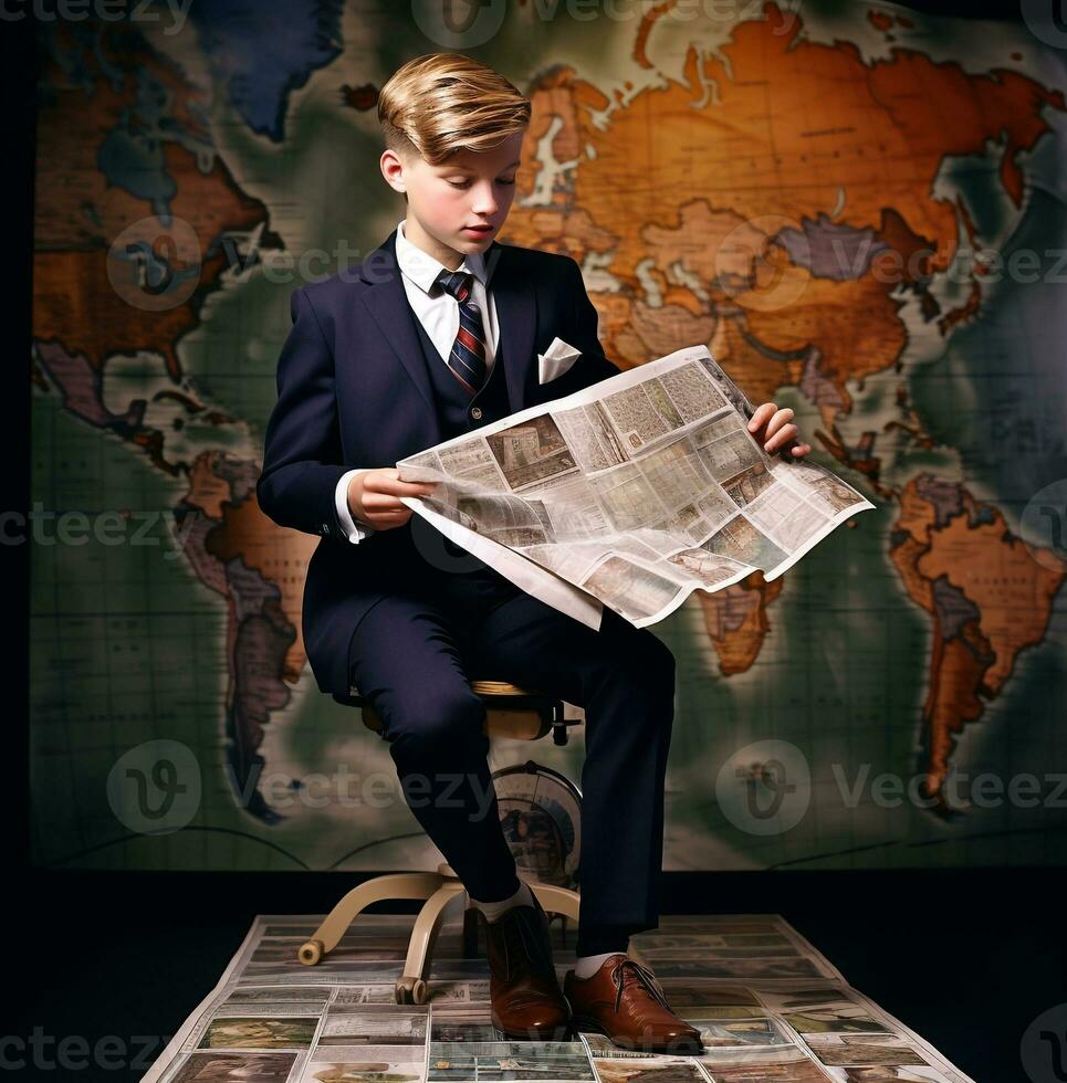 uma jovem investimento banqueiro olhando às uma mapa do a mundo, o negócio e marketing estoque fotos