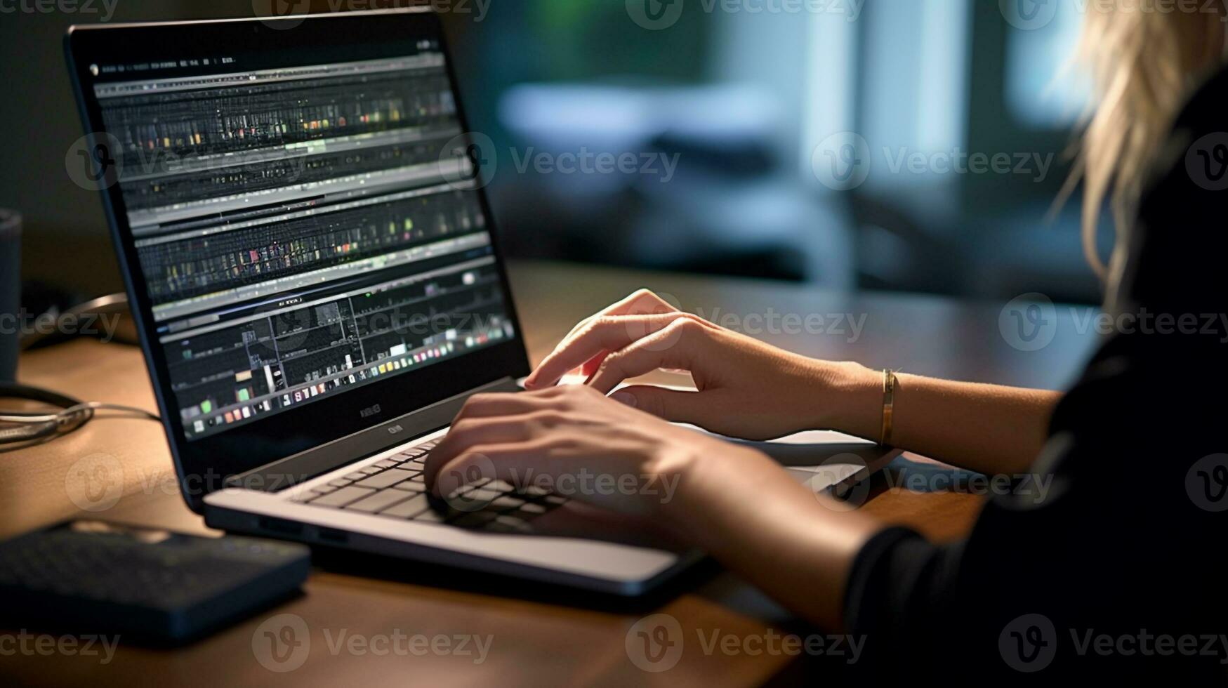 uma mulher digitando em dela computador portátil teclado, internacional Internet dia estoque fotos