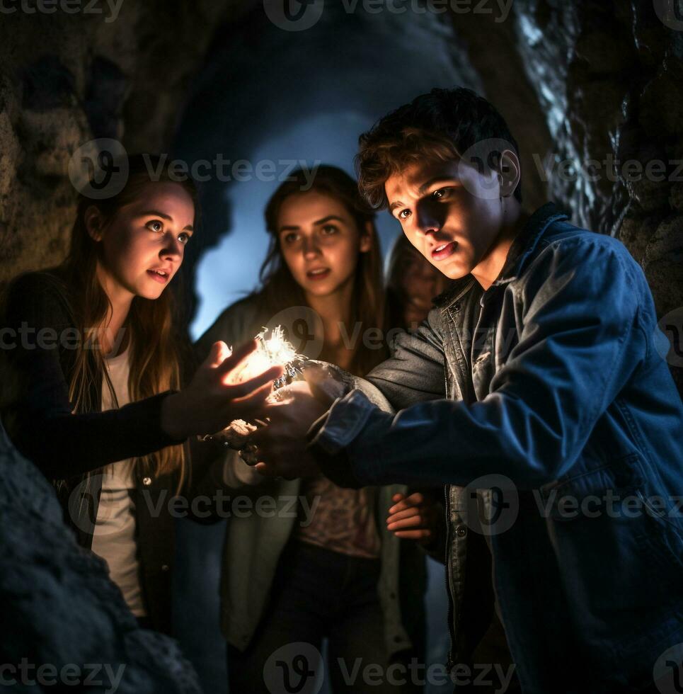 uma grupo do amigos estão caminhando através uma Sombrio antigo ruína, desejo de viajar viagem estoque fotos, realista estoque fotos