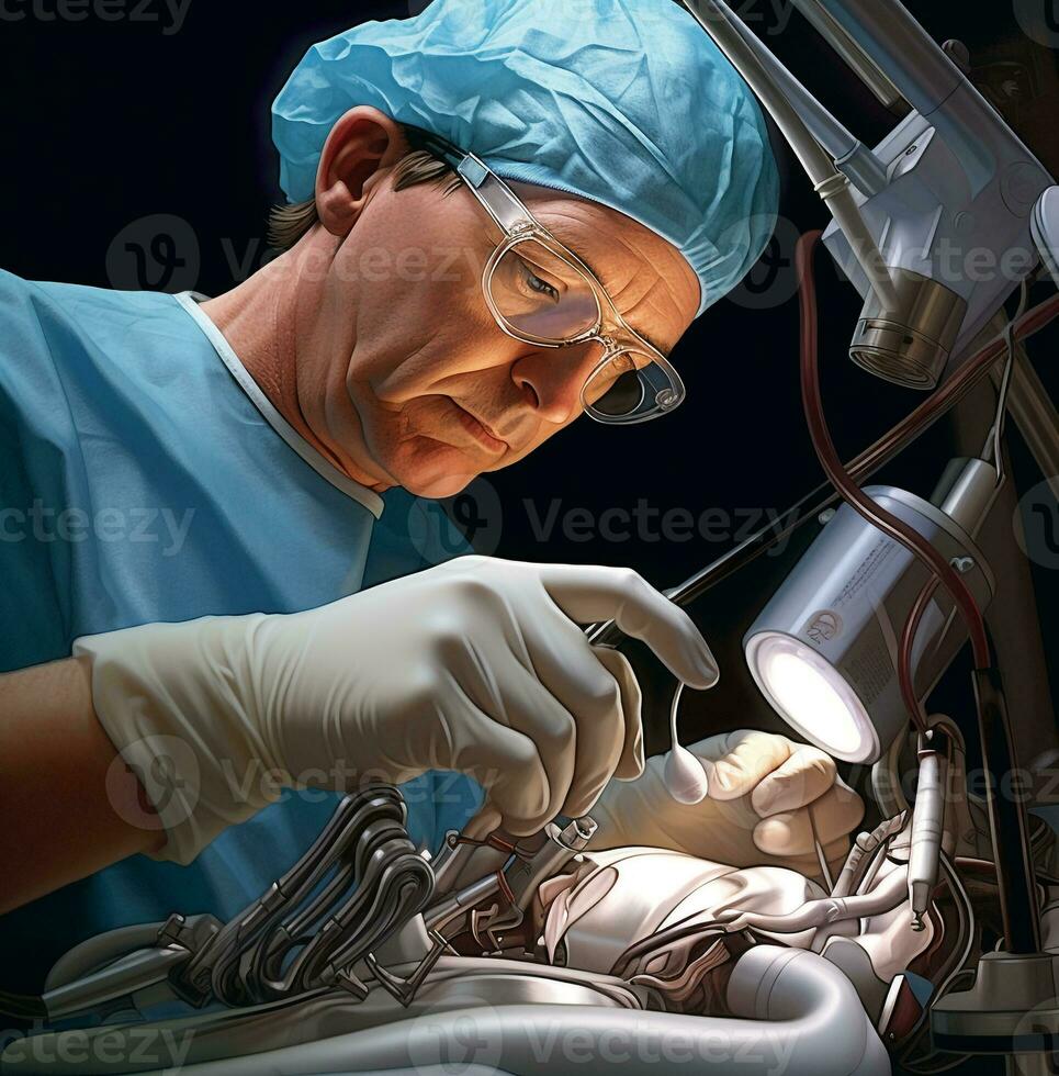 uma cirurgião usando uma robótico braço para executar uma delicado Operação, médico estoque imagens foto