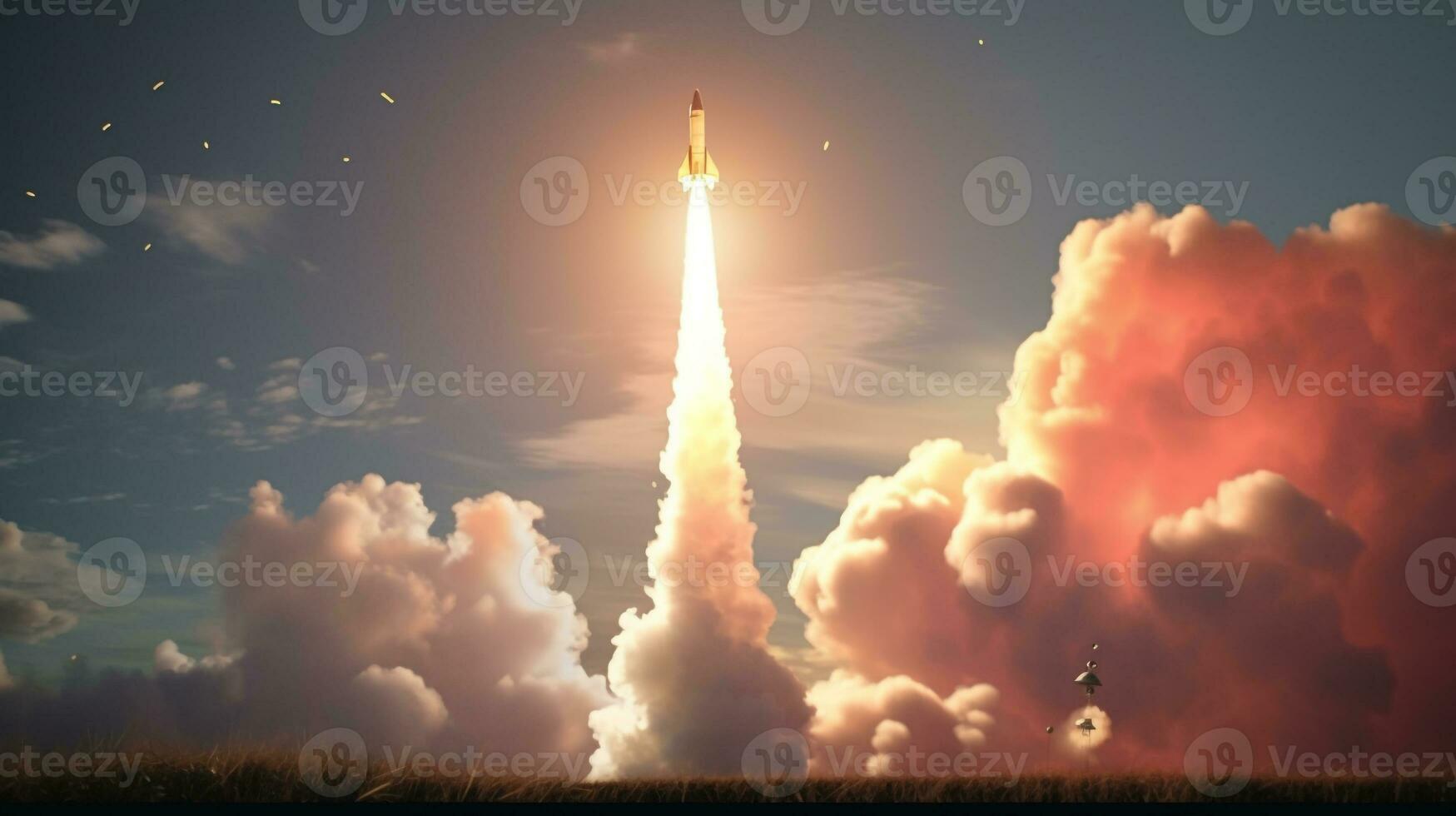 uma foguete lançamento com a rastros do fumaça e chama Aumentar para dentro a céu, industrial maquinaria estoque fotos