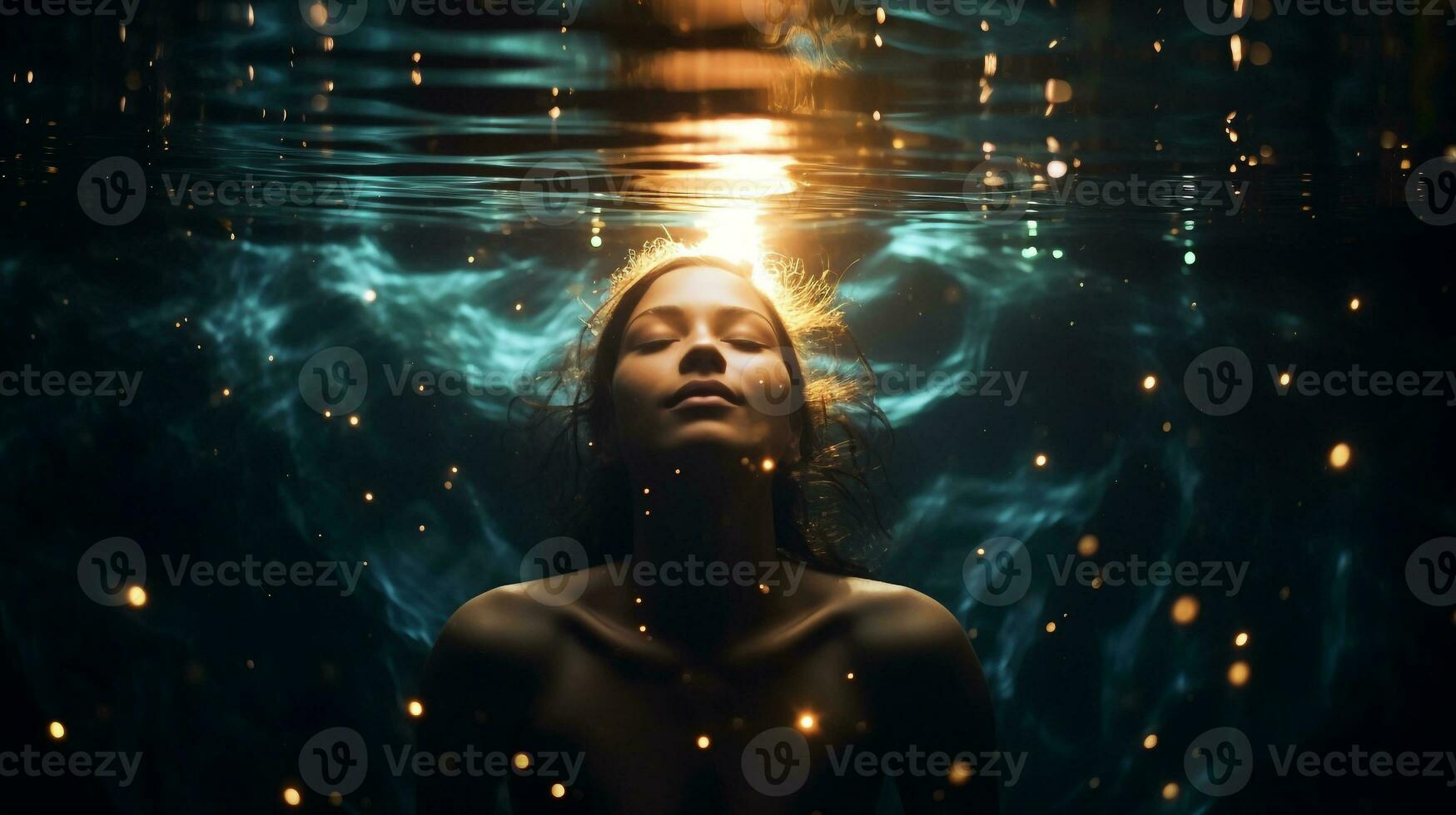 uma pessoa flutuando dentro uma piscina do água cercado de estrelas, mental saúde imagens, fotorrealista ilustração foto