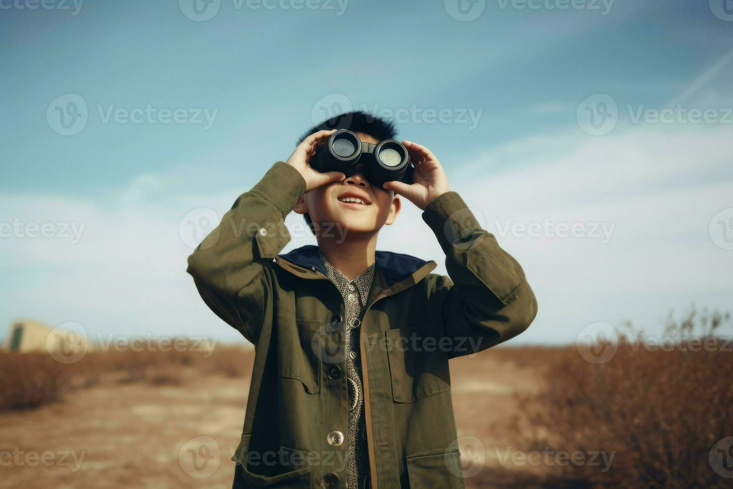 ásia chinês criança binóculos. gerar ai foto