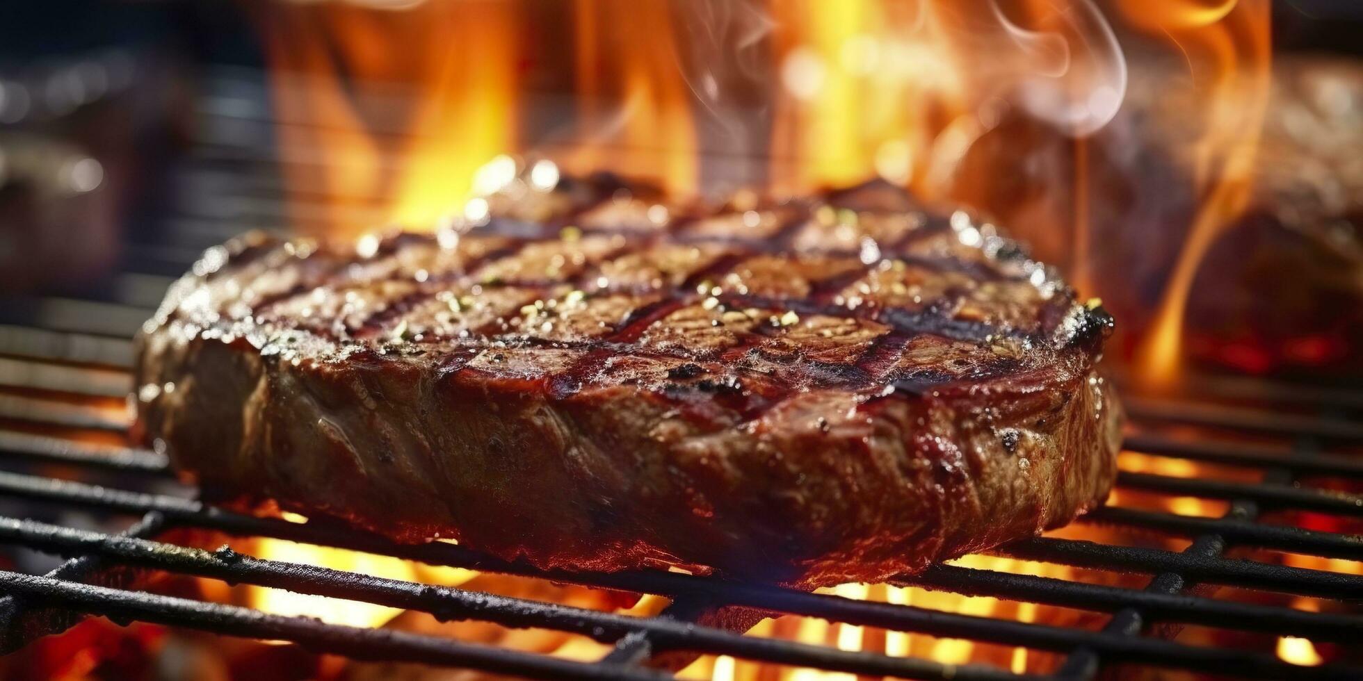 carne lombo bife grelhar em uma flamejante grade. generativo ai foto